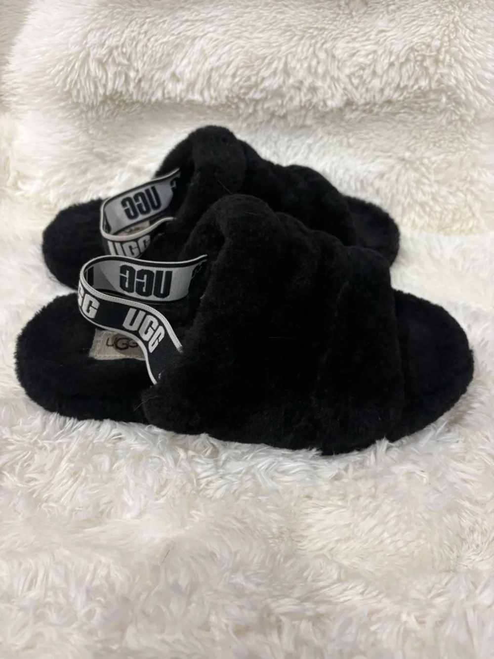 UGG Black Plush Slide Sandals with Branded Elastic Heel - Picture 1 of 8